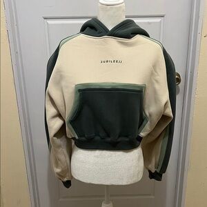 Women's Two-Tone Cropped Hoodie Sweater - Cream and Green